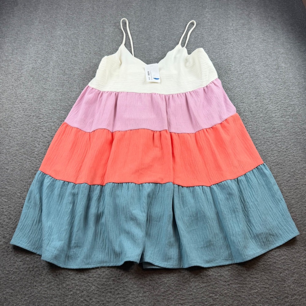 Hopely Colorblock Tiered Mini Dress Womens‎ Small Multicolor Gauze Summer Boho